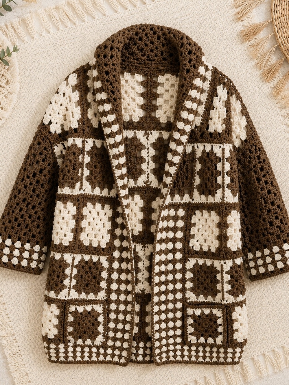 Handmade Crochet Granny Square Hooded Cardigan Boho Oversized